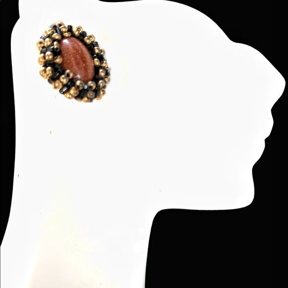 Vintage polished goldstone earrings with gold black glass beaded bezel … - Picture 5 of 7